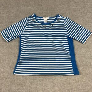 Peck&peck T-Shirt Womens M Blue Striped Round Neck Short Sleeve Anthropologie
